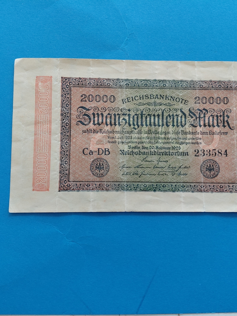 1923 Germany 20,000 Marks Bank Note